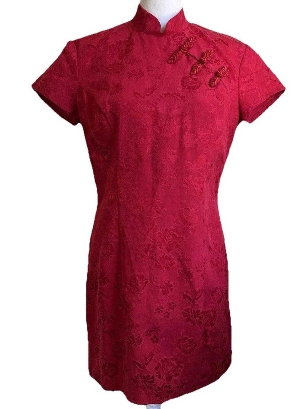 Vintage Y2K Rampage Red Floral Cheongsam Qipao Mini Dress Size 9 Mandarin Collar